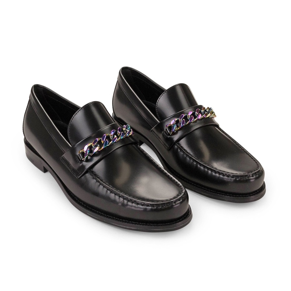 Louis Vuitton Black Glazed Leather Chain LV Loafers